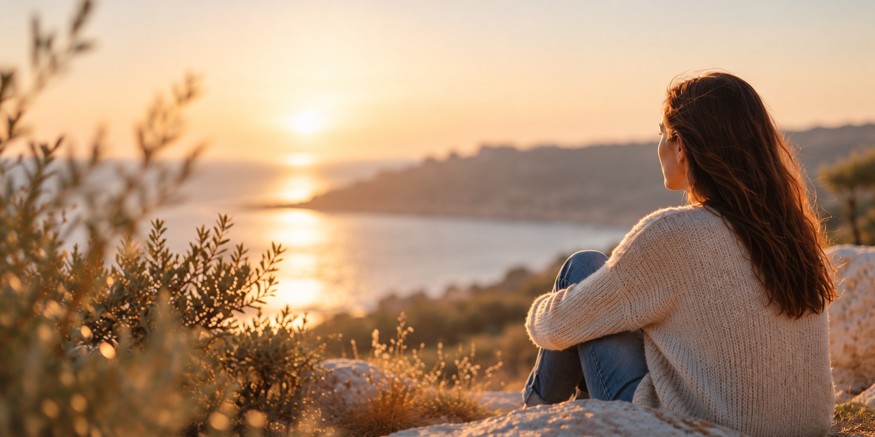 Woman sitting quietly overlooking the sea at sunset